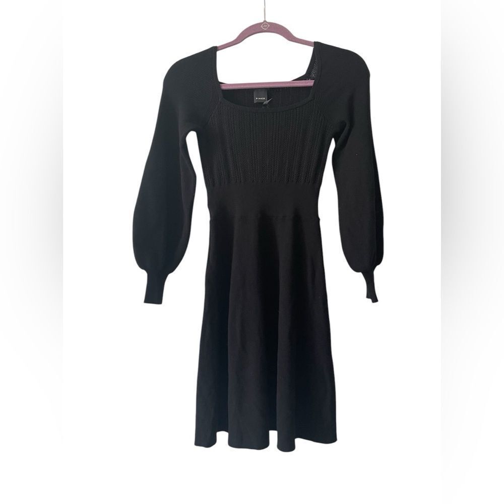 PINKO Black Knit Fit & Flare Dress Square Neck Balloon Sleeves Size Small NWT - Picture 2 of 15